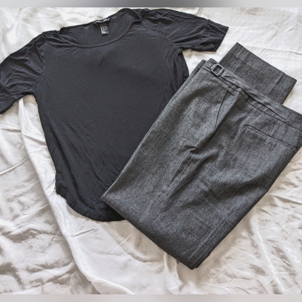 H&M basics size M black scoop neck tee and Sandro sportswear size 8 pants